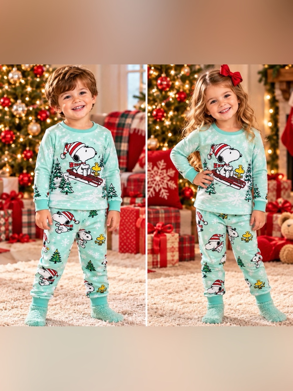 NWT Peanuts Mint Green Snoopy & Woodstock Holiday Pajama Set